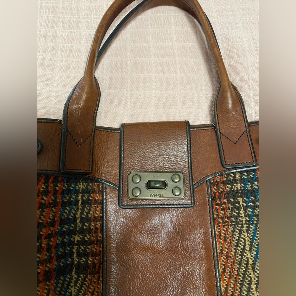 FOSSIL Vintage Reissue Tweed Houndstooth & Leather Weekender - Picture 2 of 11